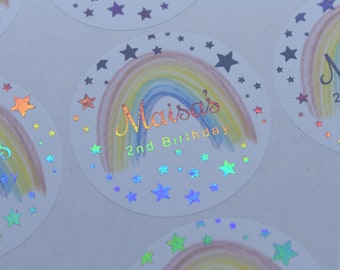 Personalised Foiled Happy Birthday Rainbow Stickers, Party Bag Stickers, Party Favour Seals, 1st Birthday, Rose gold, Sweet Cone Sticker