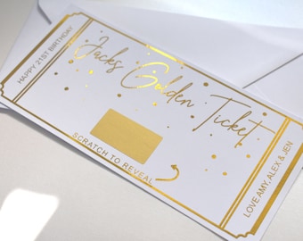 Foiled Ticket Birthday Scratch Card, Voucher, Personalised Golden Ticket, Gift reveal, Surprise Holiday, Personalised Gift, Scratch reveal,