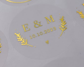 Foiled Frosted Clear Transparent Monogram Classic Personalised Wedding Foliage Sticker, Chic Wedding Invitation Label, Round Envelope Seal