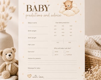 Baby Shower Party Game - Baby Predictions and Advice - Teddy Bear Theme
