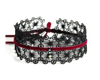 RED LINE - Wide, delicate, black lace choker with dark red velvet ribbon and three glittering glass stones in the middle - velvet closure