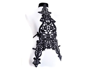 ORNAMENT Body Jewelry - Black lace harness in velvet finish on the neck and Double Face satin ribbons for tying in the neck and back