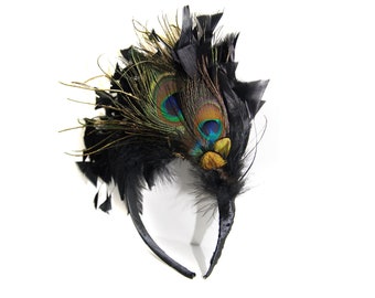 EYES - Opulent, black satin-covered rooster feather headband, elaborately decorated with various peacock feathers
