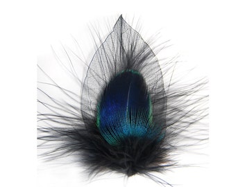 NIGHT SKY - Delicate hair clip with a rare, dark blue peacock feather in combination with black and turquoise feather plus transparent leaf