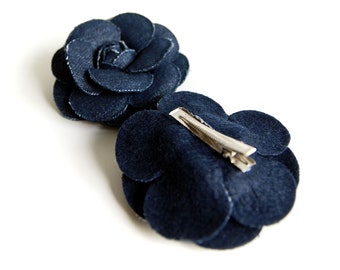 DARK DENIM FLOWER Clip - hair clip or brooch - the large rose in dark denim look is attached with a clip - price is for 1 rose
