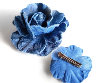 DENIM FLOWER CLIP - hair clip or brooch - blue denim flower - the denim look rose is attached with a clip - price for 1 rose