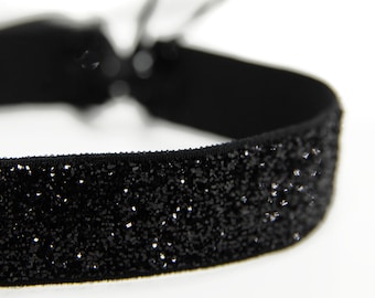 GLIMMER CHOKER BLACK - elegant, black, sparkling velvet choker with double-faced satin ribbons for tying
