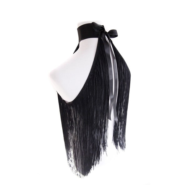 FRINGE TOP MIDI - Versatile, black fringe top with a double-face satin finish and satin ribbons for tying