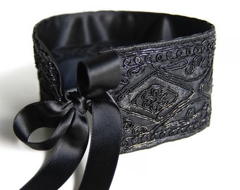 BLACK FAIRY CHOKER - Elegant, wide, black choker made of glittering braid with sequins and satin ribbons for different tying