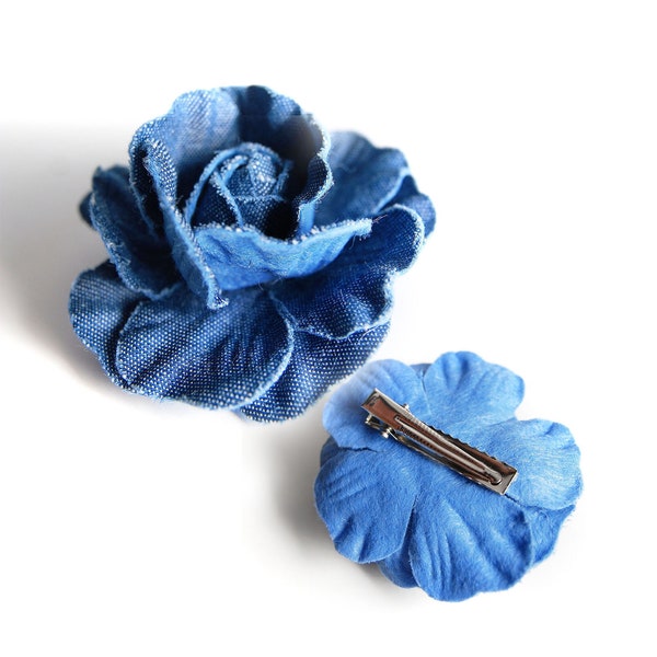 DENIM FLOWER CLIP - Haarspange oder Brosche - blaue Denimblume - die Rose im Jeanslook wird mit einem Clip befestigt - Preis für 1 Rose