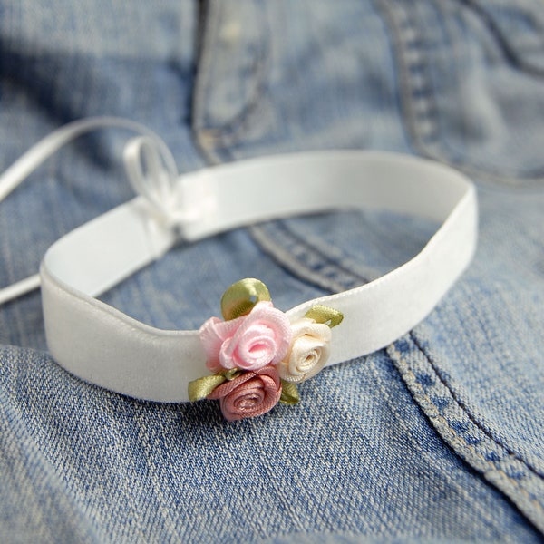 ROSES Choker - Sweet, soft, off-white velvet choker with antique rose, pink, and cream roses plus satin ribbons for custom tying