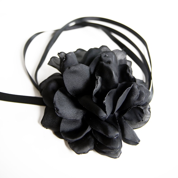 BLACK FLOWER Choker - Large, soft flower on a satin ribbon made from 100% recycled PET bottles