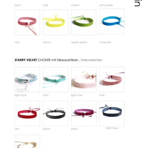 Pu&ograve; includere: Una collezione di 14 collane di velluto con glitter argentato, mostrate in vari colori, tra cui prugna, rosa, crema, lilla chiaro, rosato, limone, verde mela, turchese, azzurro, menta, rosa chiaro, rosa, rosso, nero, bacca, blu notte e sabbia.