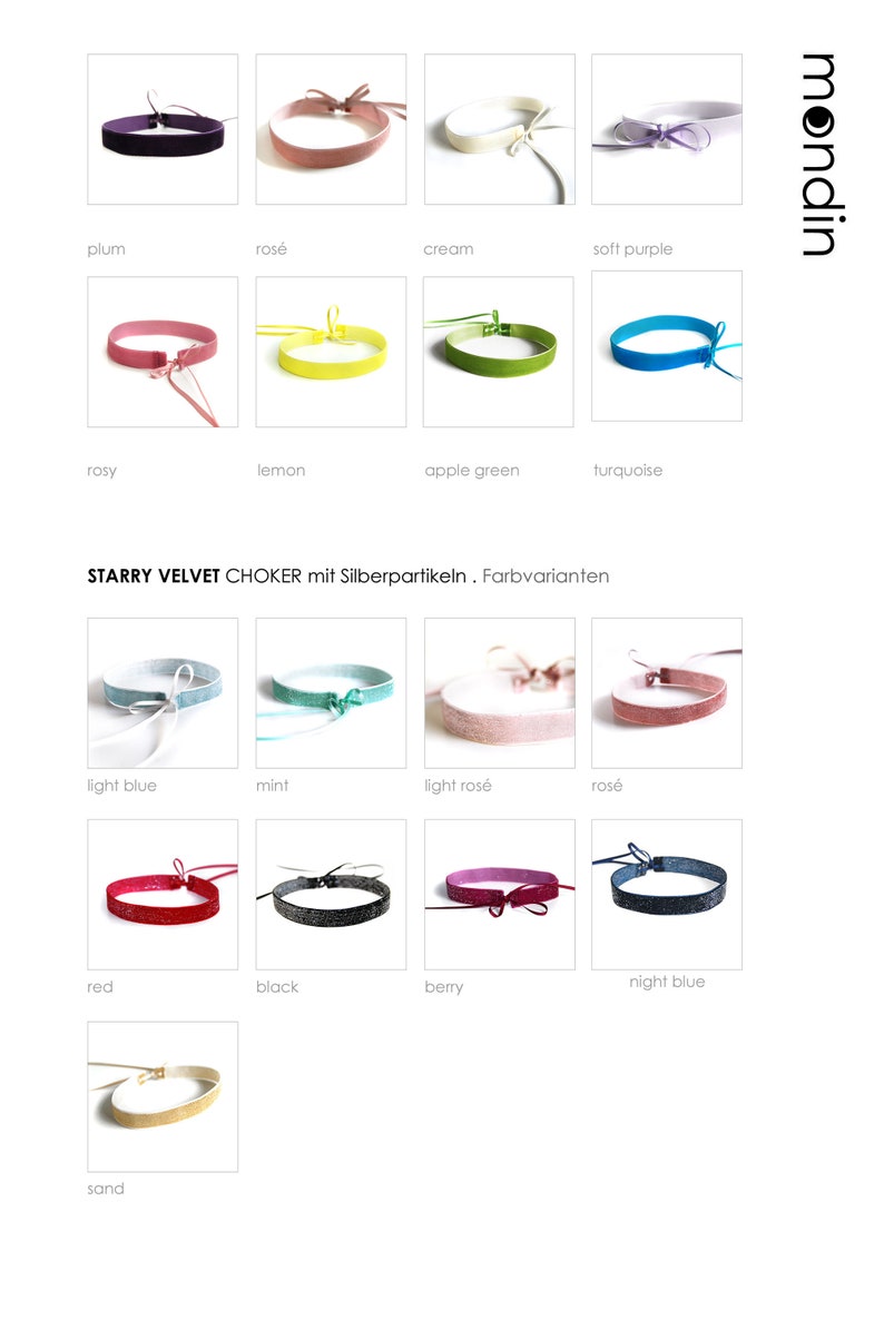 Pu&ograve; includere: Una collezione di 14 collane di velluto con glitter argentato, mostrate in vari colori, tra cui prugna, rosa, crema, lilla chiaro, rosato, limone, verde mela, turchese, azzurro, menta, rosa chiaro, rosa, rosso, nero, bacca, blu notte e sabbia.