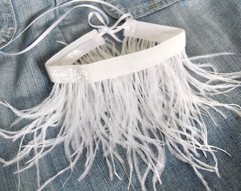 SNOW - sparkling, white velvet choker with airy, white ostrich fringes and double face satin ribbons to tie