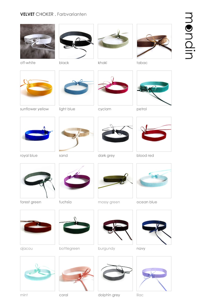 Pu&ograve; includere: Una collezione di 16 collane choker in velluto di vari colori, tra cui bianco sporco, nero, kaki, tabacco, giallo girasole, azzurro, ciclamino, petrolio, blu reale, sabbia, grigio scuro, rosso sangue, verde bosco, fucsia, verde muschio, blu oceano, ajacou, verde bottiglia, bordeaux, blu navy, menta, corallo, grigio delfino e lilla.