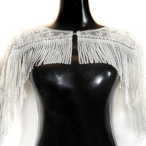PEARLS WRAP - romantic, bolero-like, cream mesh wrap with sequins, pearls, mesh flowers, pearl fringes and button to open