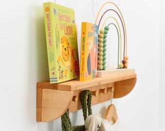 Nursery Wall Bookshelf, Children Toy Shelf, Nursery Decor, Hooks for Baby, Shelf with hooks, Custom Wooden Wall Shelf, Montessori Furniture