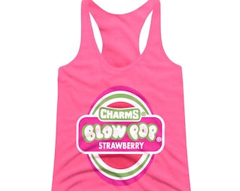 May include: Pink tank top with a vintage-style graphic of a "CHARMS BLOW POP STRAWBERRY" logo. The logo is in a circle with a red, white, and green color scheme.