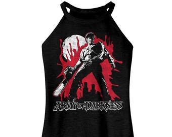 May include: Black tank top with a white graphic of a man holding a chainsaw with the text "Army of Darkness" in white.