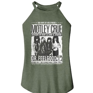 Motley Crue Women's Rocker Tank Dr Feelgood Tracklist Album Graphic Tees Bad Boys of Hollywood Military Green Tank Top