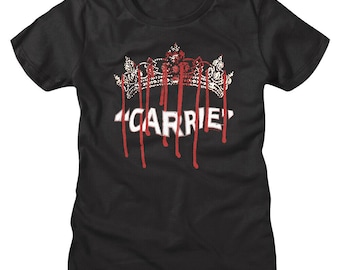 Carrie Crowned Prom Queen Women's T-Shirt Crown Tiara Blood Drops Graphic Tee Vintage Cult Horror Movie Merch