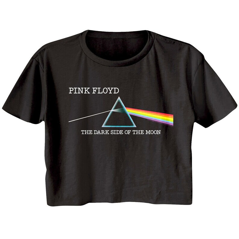 May include: Black cropped t-shirt with a graphic of Pink Floyd's "The Dark Side of the Moon" album cover. The graphic features a prism and a rainbow.