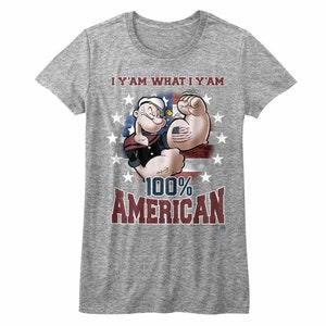 Popeye The Sailor Women&#39;s T-Shirt I Yam What I Yam Graphic Shirt American Stars & Stripes USA Flag Tee Cartoon T-Shirt Gift For Wife