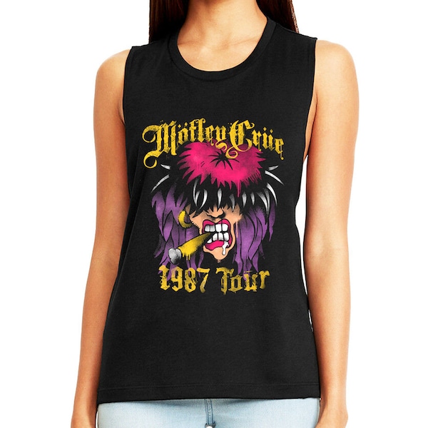 Motley Crue Womens Tank Top Girls Tour 1987 Airbrush Cartoon Metal Rock Band shirt Sleeveless Artistic Gift For Her