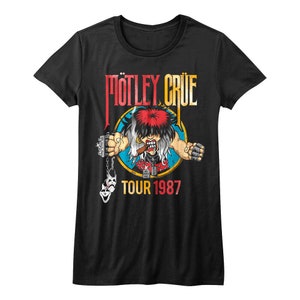 Motley Crue Women&#39;s T-Shirt Cartoon Rocker Girls Tour 87 Black Graphic Tee Vintage Heavy Metal Rock Band Concert Tour Merch Music Gift