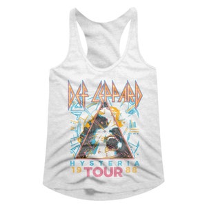 May include: White tank top with a vintage-style graphic of Def Leppard's "Hysteria" tour from 1988. The graphic features a stylized image of a face in a triangle with the band's name and tour dates.