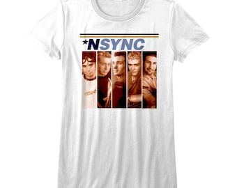 May include: White t-shirt with a blue and gold graphic of the band *NSYNC. The graphic features a photo of the five band members in a row.