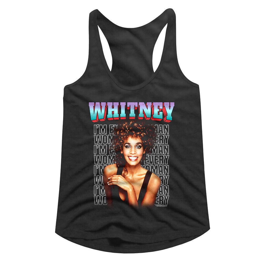 Discover Whitney Houston Women's Tank Top | Houston Every Woman Smile Black Graphic Tee | American Pop Icon Concert Top | RnB Music Festival Fashion