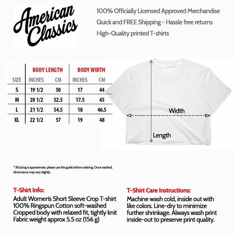 May include: White short-sleeved crop top t-shirt with size chart and care instructions. The chart shows sizes S, M, L, and XL with corresponding body length and width measurements in inches and centimeters. The care instructions include washing the shirt inside out in cold water and line drying to minimize shrinkage.