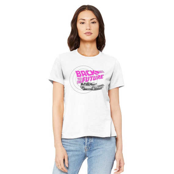 Back to the Future Women's T-shirt Delorean White T-shirt Pink Logo Design  Shirt 80s Movie Merch Women's Clothing Cool Gift for Her Sister 