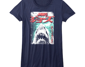 Jaws Women's T-Shirt Japanese Shark Movie Poster Navy Graphic Tee 70s Adventure Movie Shirt Film Lover Merch Unique Gift For Her