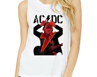 May include: White tank top featuring a graphic of a musician with a red lightning bolt and the band name "AC/DC" in black. The image has a distressed, vintage look. The sleeveless shirt is made of a soft material.
