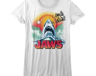 Jaws Women's T-Shirt Amity Island Beach Shark Airbrush Graffiti White Graphic Tee 70s Horror Movie Shirt Summer Gift For Her