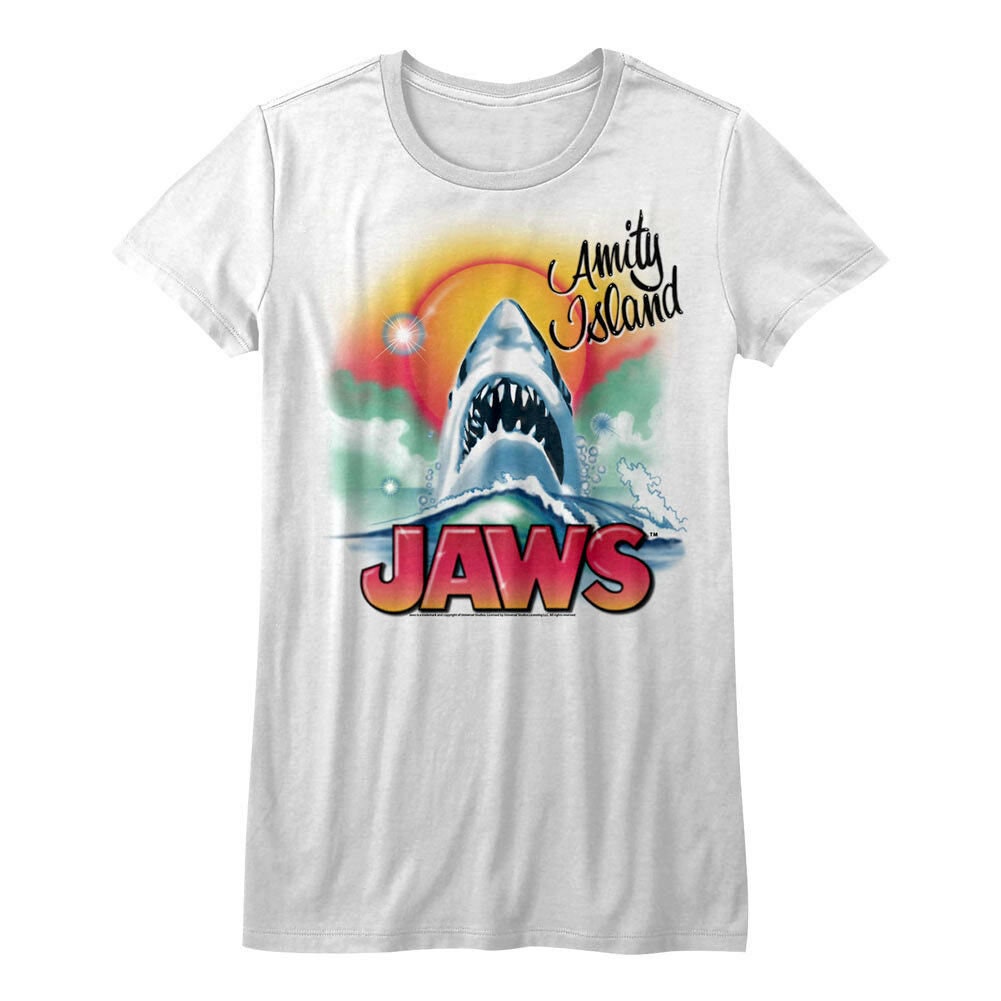 Discover Jaws Women's T-Shirt | Amity Island Beach Shark Airbrush Graffiti White
