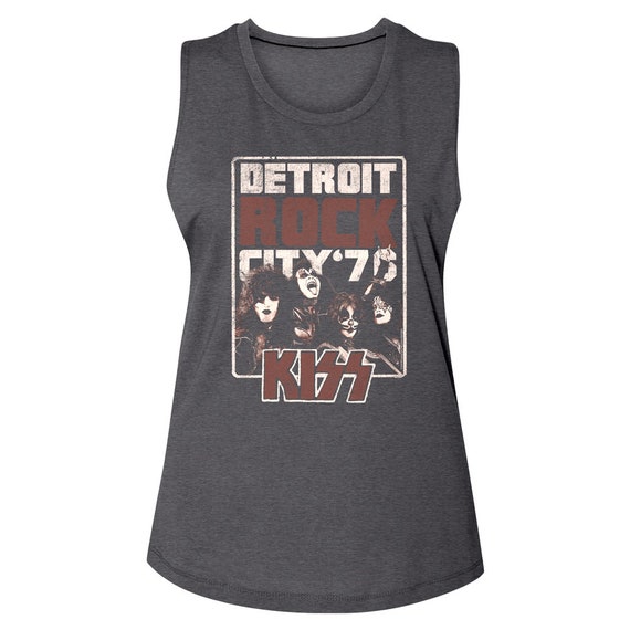 Kiss Band Womens Tank Detroit Rock City 76 Charcoal Top Sleeveless Vintage Women's Clothing Concert T-Shirt Vintage Rock Band Ritz On Fire