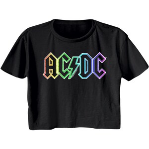 May include: Black cropped t-shirt with a rainbow colored AC/DC logo.