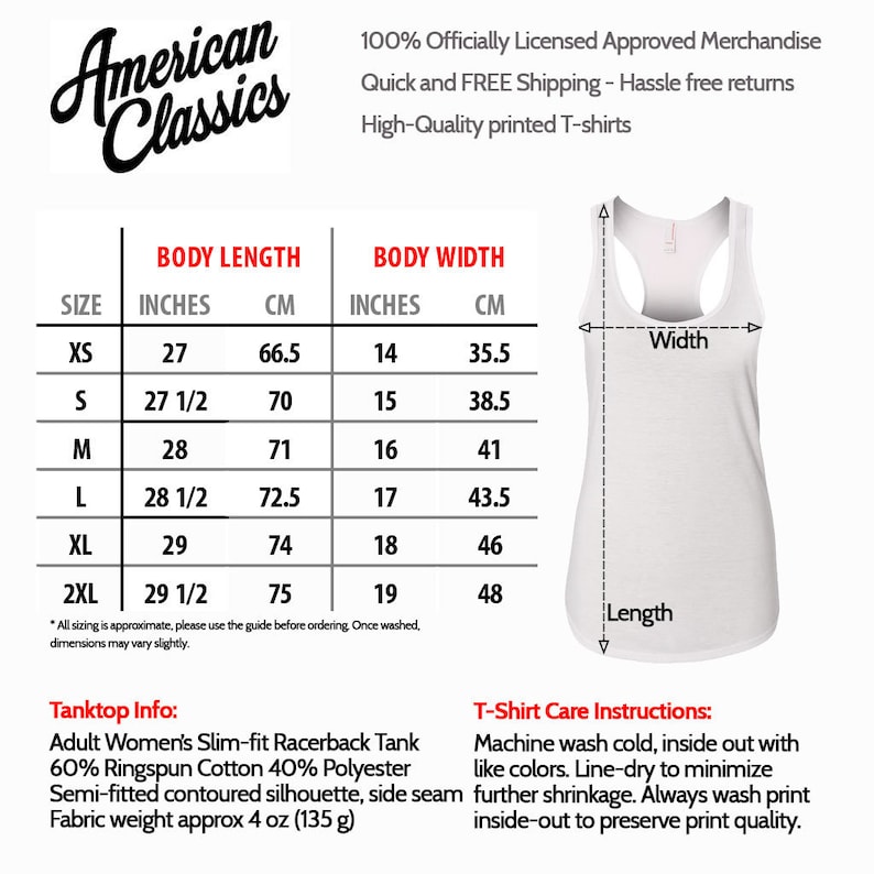 May include: Size chart for a racerback tank top with measurements in inches and centimeters. The tank top is white and has a racerback style. The chart includes sizes XS, S, M, L, XL, and 2XL. The tank top is made of 60% ringspun cotton and 40% polyester. The fabric weight is approximately 4 ounces (135 grams).