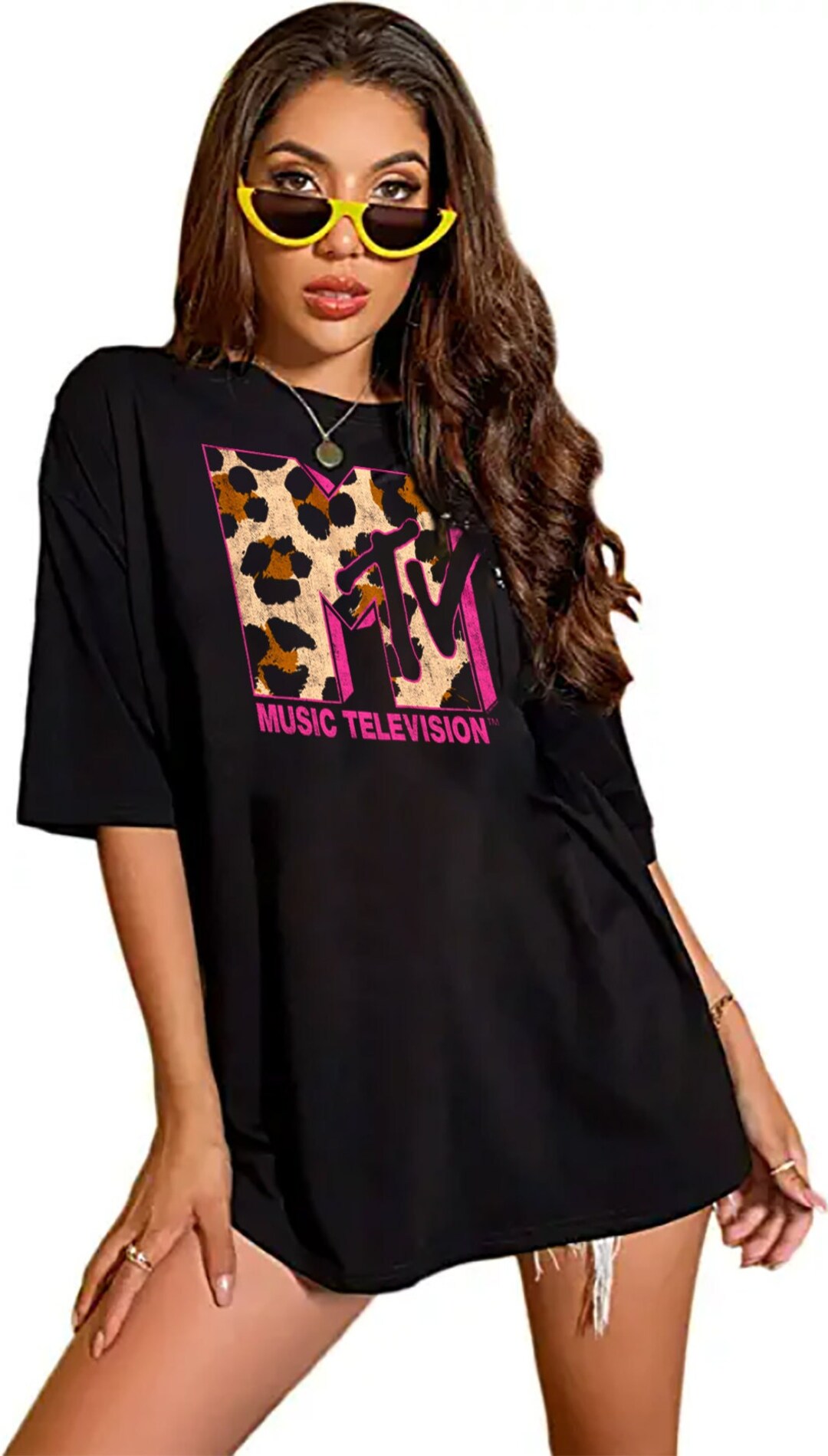MTV Boyfriend Shirt Leopard Print Logo Women's Oversize Tshirts Music