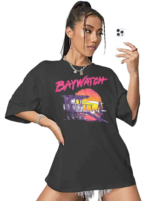 Buy Baywatch Women s Oversized T shirt Lifeguard Tower Silhouette