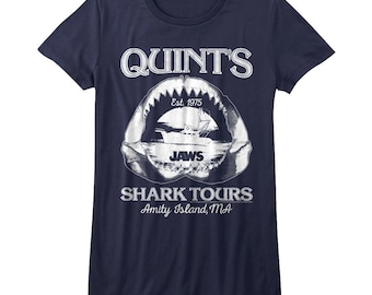 Jaws Women's T-Shirt Quint's Shark Tours Graphic Tee Amity Island Massachussetts 1975 Fish Bones Skull Head Boat Epic Movie