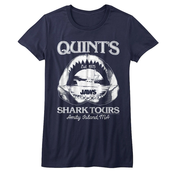 Jaws Women's T-Shirt Quint's Shark Tours Graphic Tee Amity Island Massachussetts 1975 Fish Bones Skull Head Boat Epic Movie