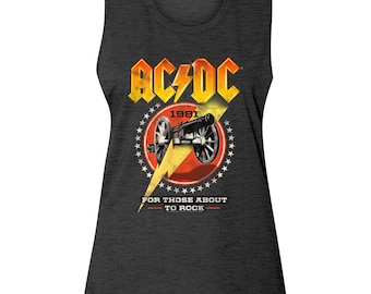 May include: A dark gray sleeveless shirt with a yellow and orange AC/DC logo, a cannon, and the text "1981" and "For Those About To Rock".
