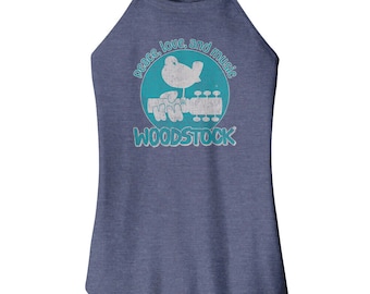 Woodstock Peace Love & Music Women's Rocker Tank Top Bird Guitar Hippie Rock