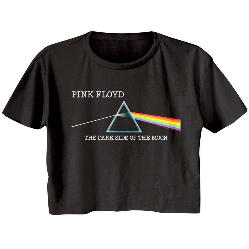 May include: Black cropped t-shirt with a graphic of Pink Floyd's "The Dark Side of the Moon" album cover. The graphic features a prism and a rainbow.