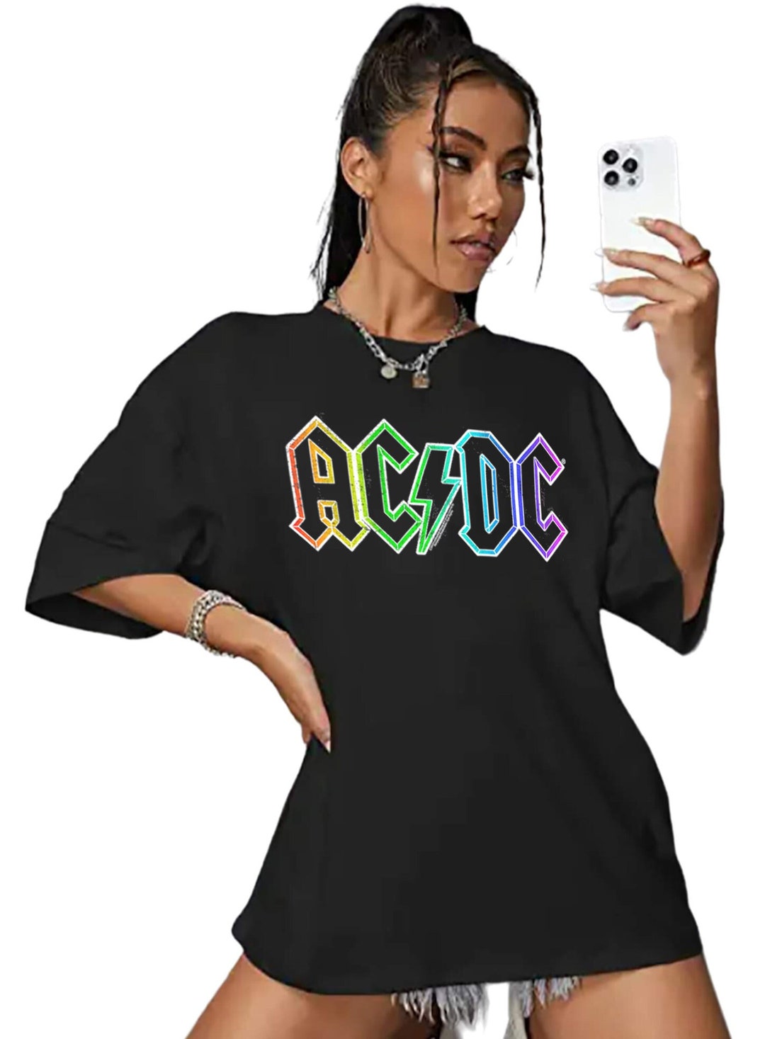 AC/DC Oversize Boxy T-shirt Neon Rainbow Logo Graphic Tees Hard Blues ...